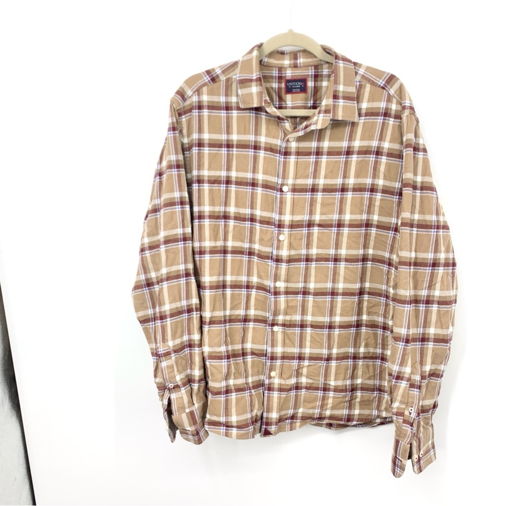Untuckit Men Size XL Shirt Button Down Top Brown Red Flannel Plaid Cotton‎